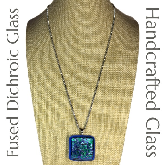 Handcrafted Fused Dichroic Glass Pendant and Chain - Picture 2 of 4